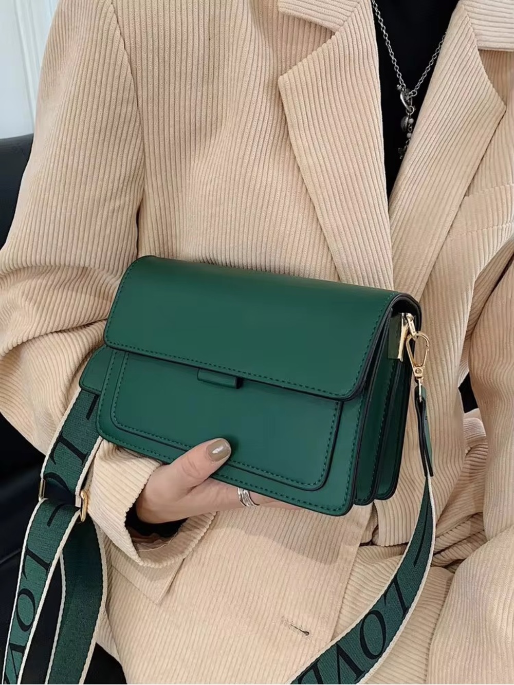 Women's Emerald Green Crossbody Bag with Adjustable Strap